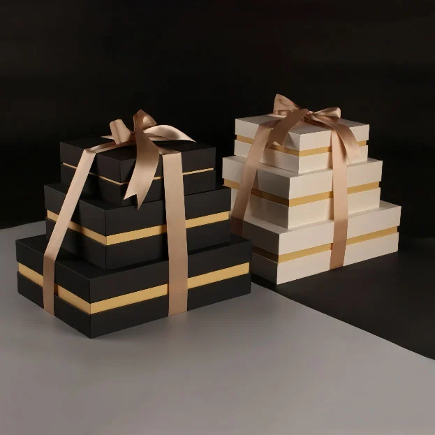 Multi Size Rigid Gift Box Set With Gold Ribbon And Lid